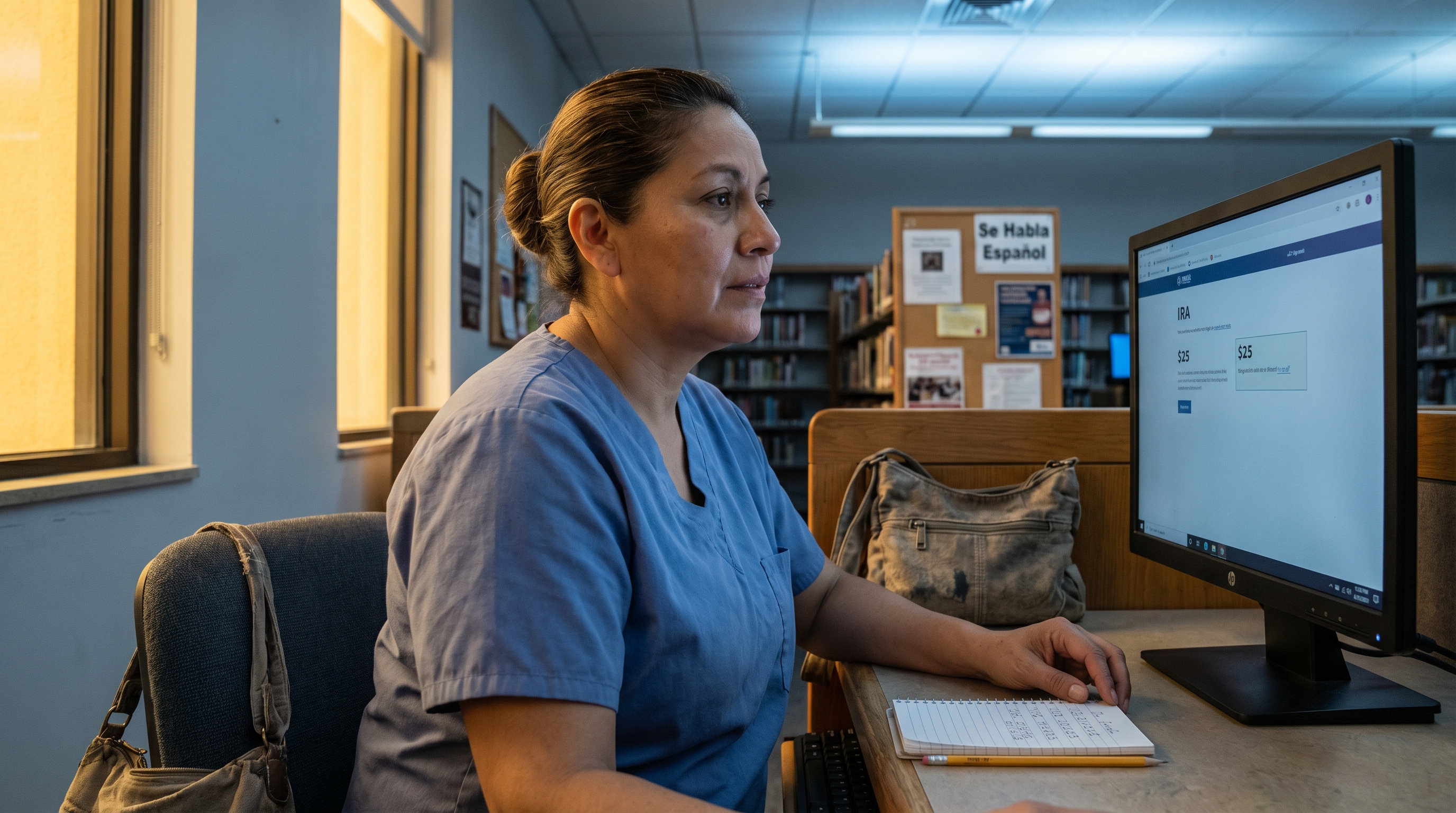 ahorrar para jubilación sin plan de trabajo — mujer latina en sus 40s descubriendo opciones de IRA en computadora de biblioteca pública