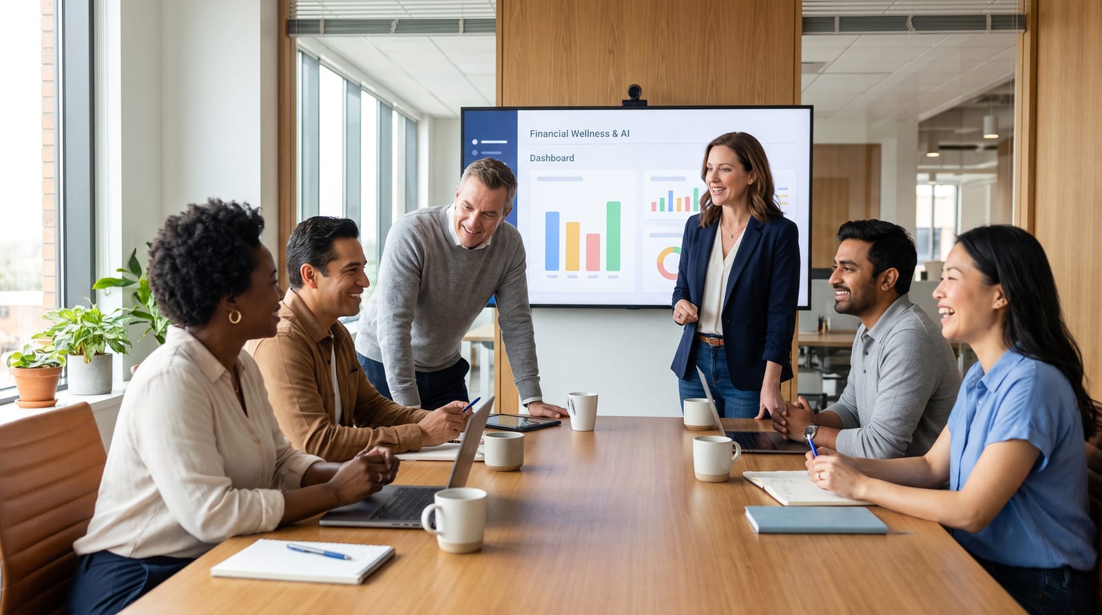 AI financial wellness benefits — a diverse group of employees of different ages and backgrounds at a benefits meeting with an HR leader presenting a wellness dashboard.