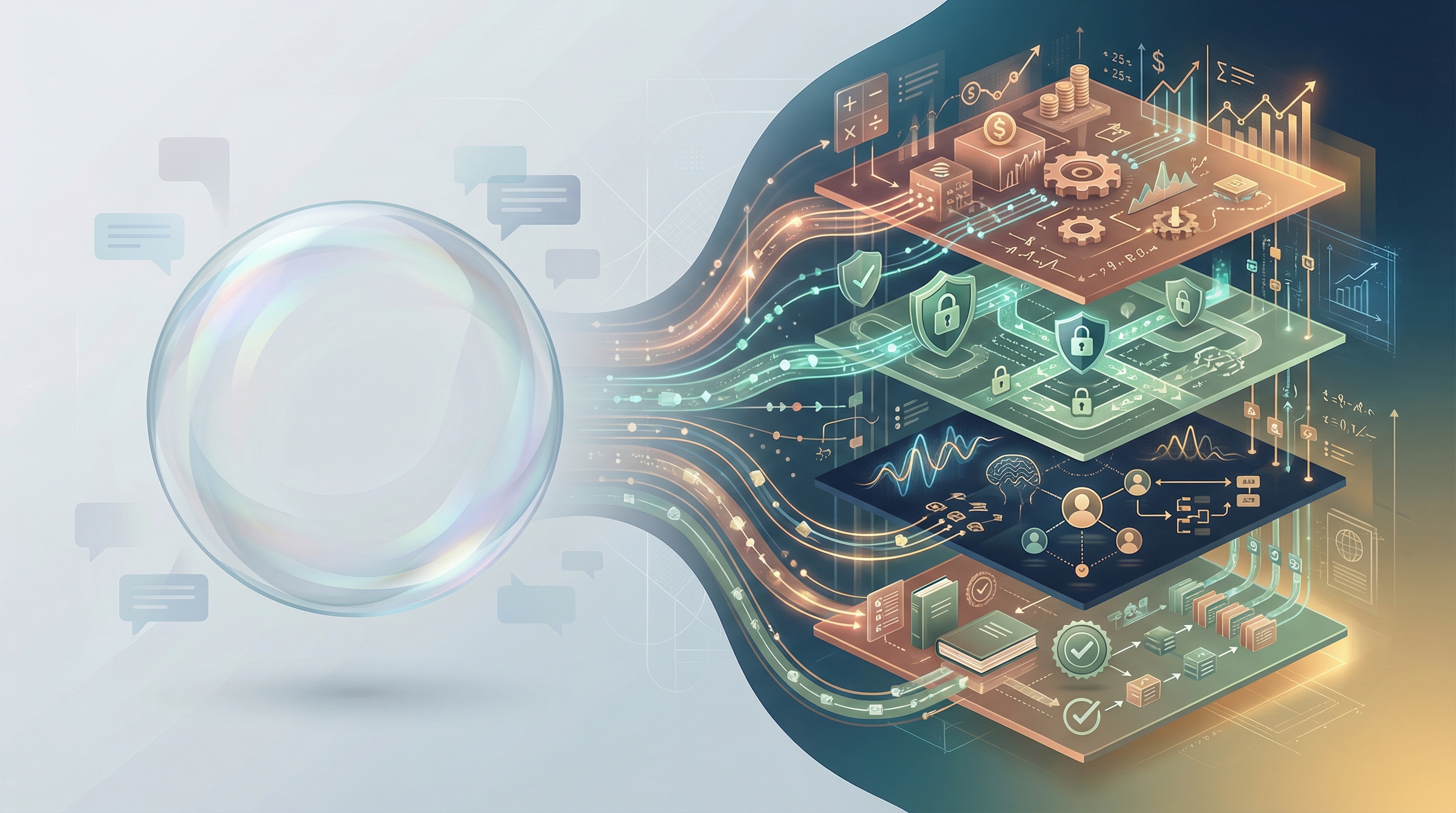 AI wrappers vs retirement intelligence — abstract visualization contrasting hollow AI wrapper with deep multi-layered retirement intelligence architecture