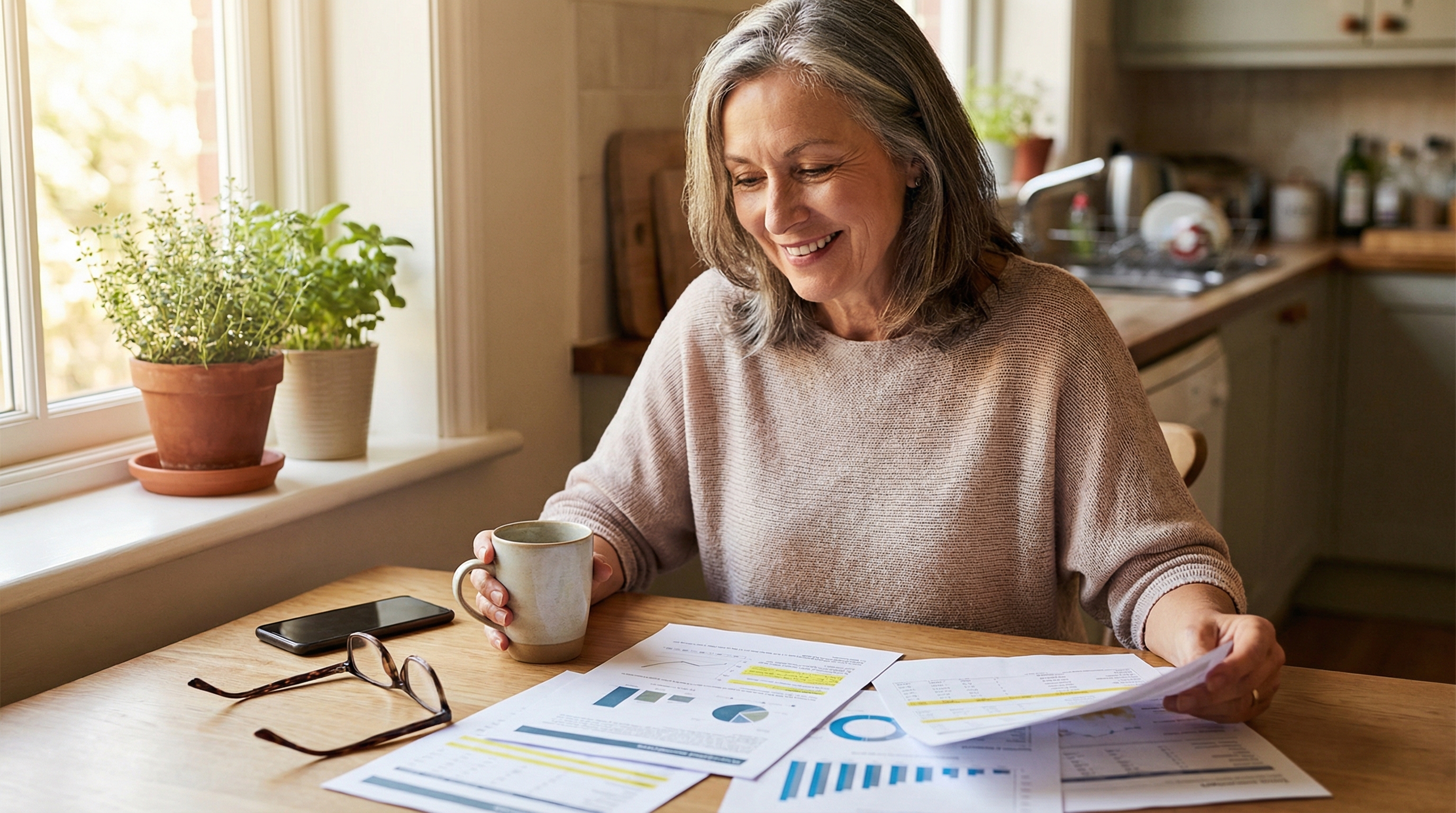 best AI tools retirement planning — confident woman in her 60s reviewing retirement planning documents at kitchen table with morning coffee