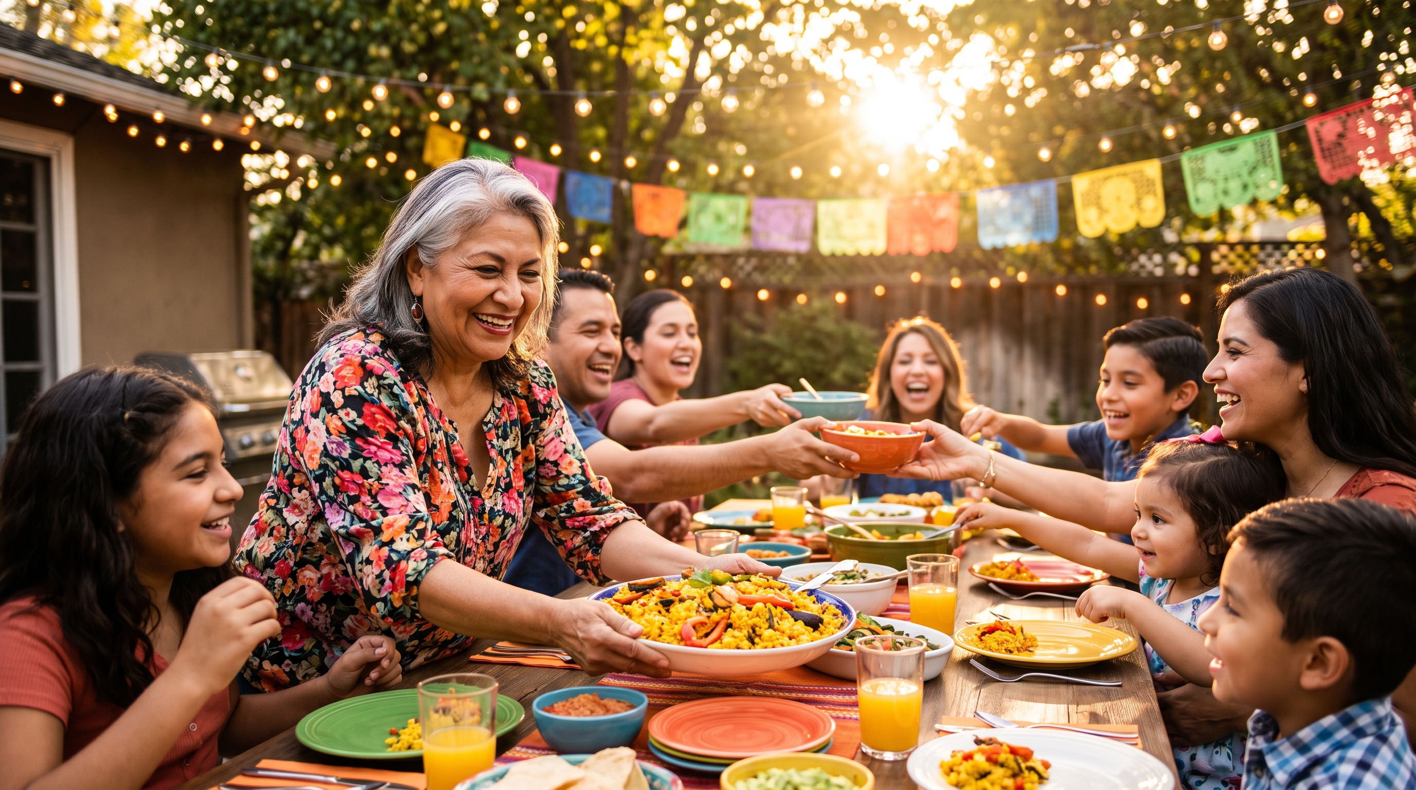 Cómo empezar a gastar en la jubilación — una abuela hispana feliz sirviendo comida en una fiesta familiar al aire libre, disfrutando por fin de gastar en lo que más importa: su familia.