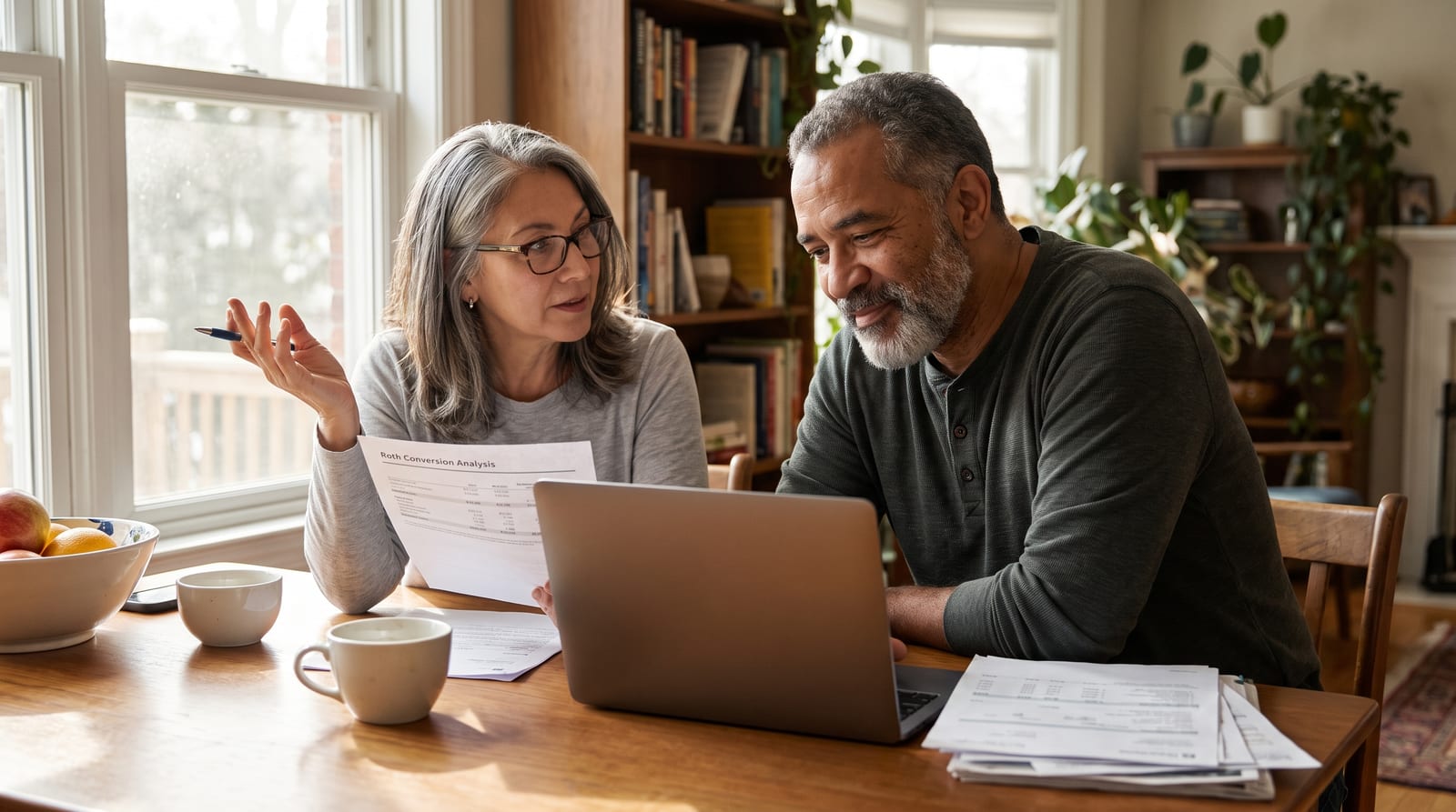conversiones roth en los 60 — adult in their 60s reviewing retirement financial documents at home with natural light