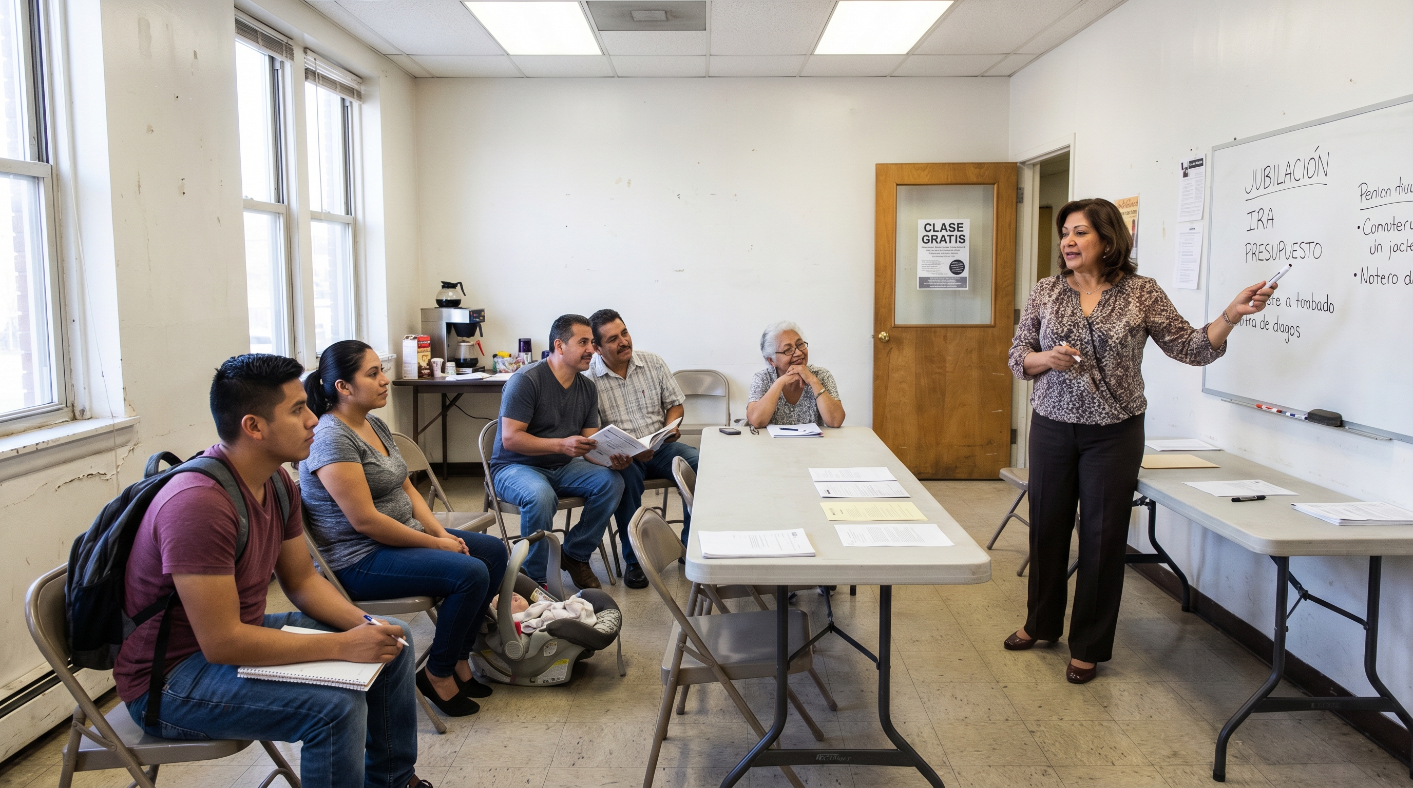 educación financiera en español — clase comunitaria de planificación para jubilación con asistentes latinos de todas las edades en centro comunitario