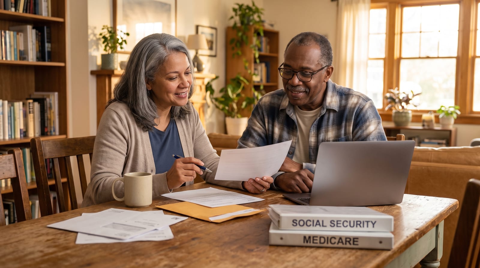 first 90 days of retirement — adult in their 60s reviewing retirement financial documents at home with natural light