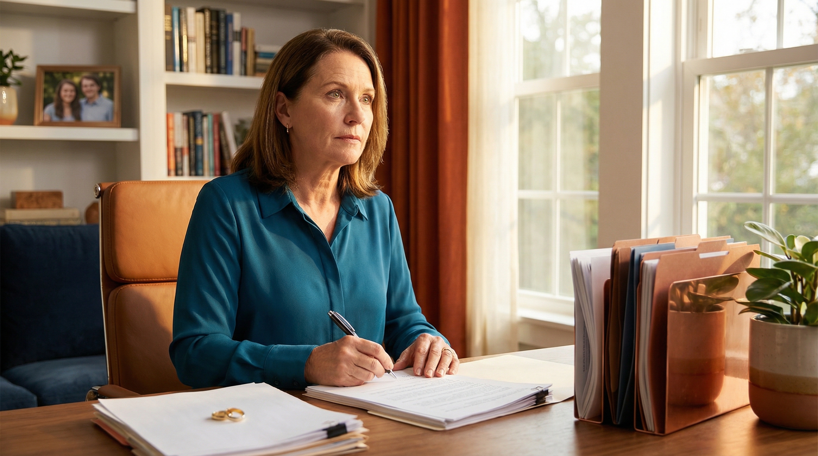 Gray divorce financial planning — woman in her late 50s signing documents with determination in sunlit home office, wedding ring on desk
