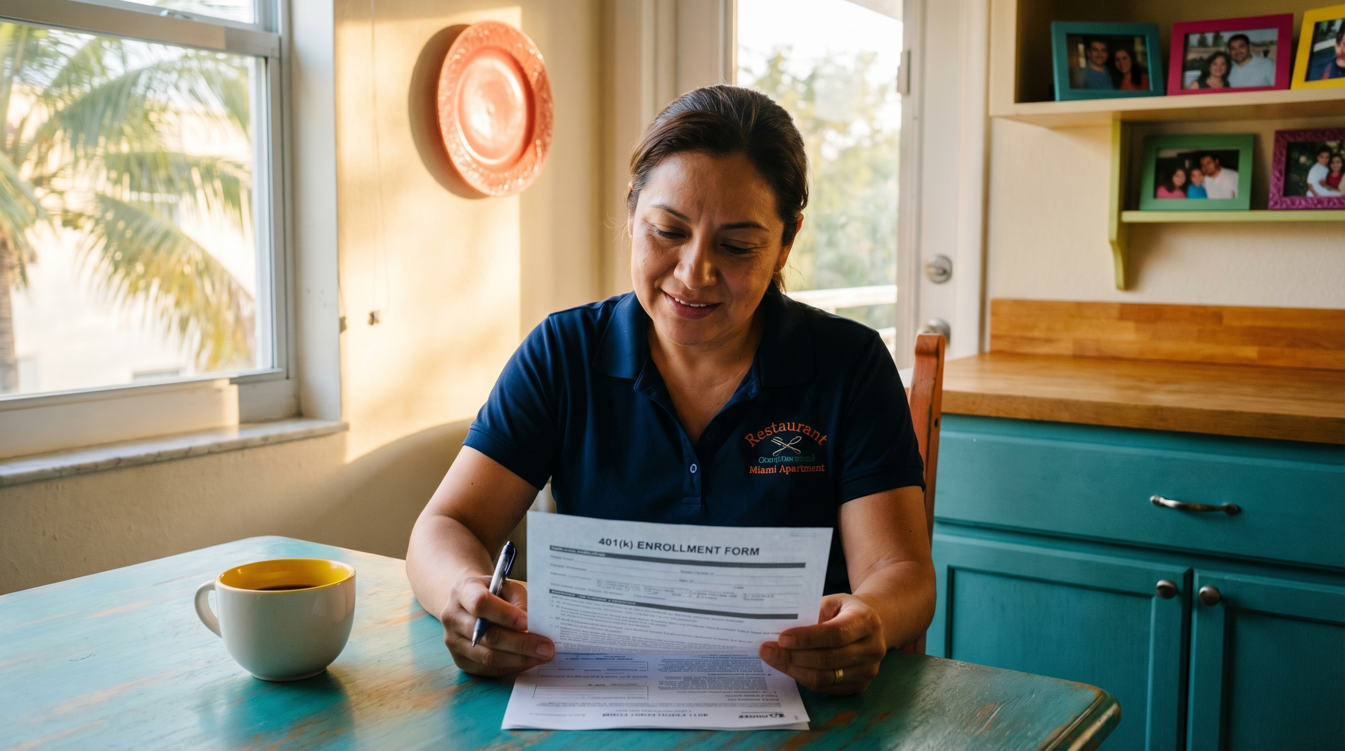 guía 401k para latinos — Latina restaurant manager in her early 40s reviewing 401k enrollment form at colorful Miami kitchen table with teal and coral accents
