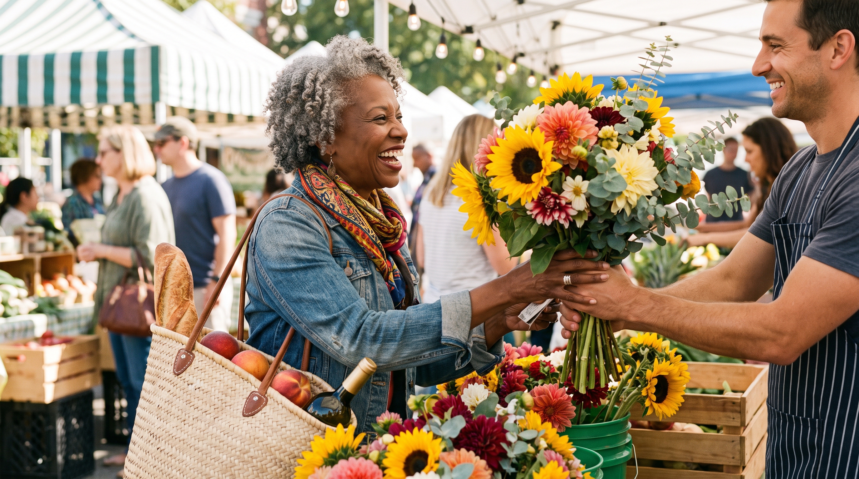 How to spend money in retirement — a laughing woman in her 60s at a colorful outdoor farmers market buying a big armful of fresh flowers, joyfully treating herself to the money she saved.