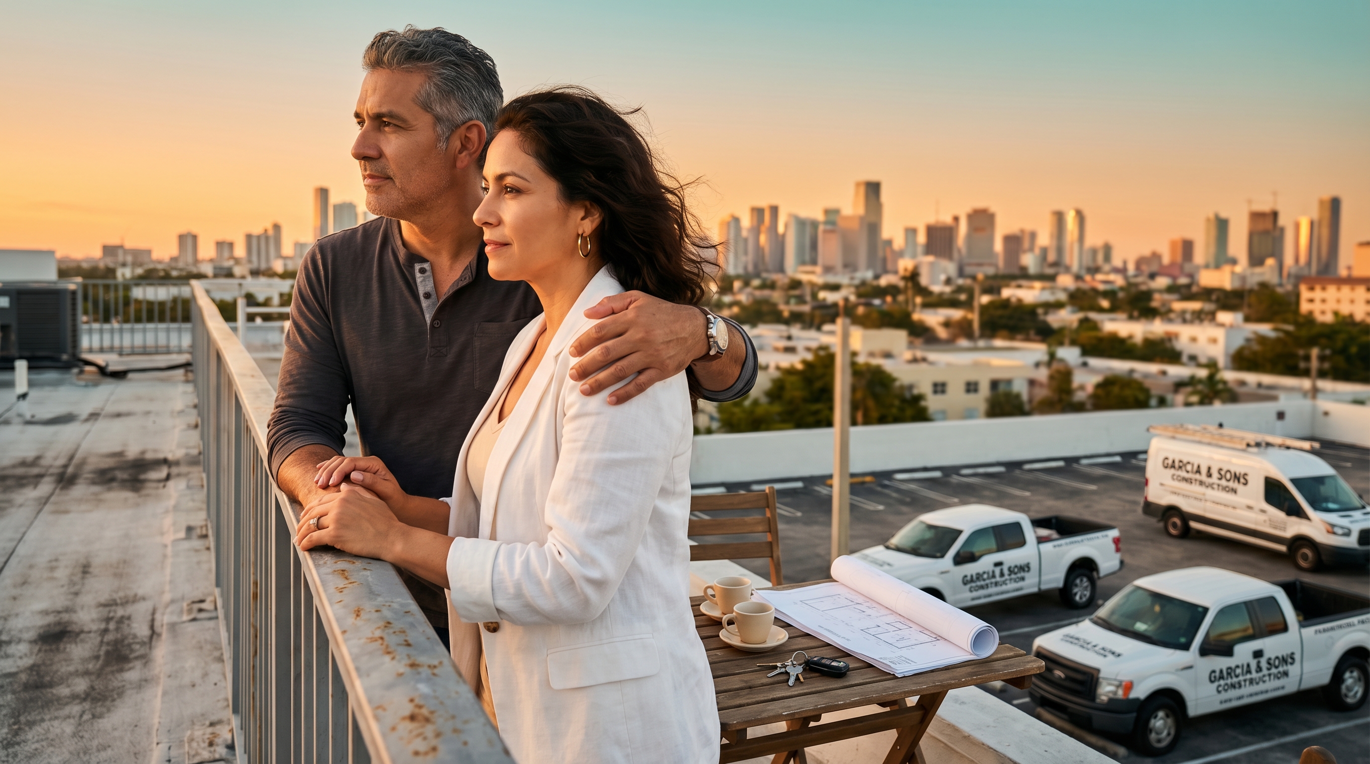 jubilación dueños de negocio latinos — pareja empresaria latina en terraza de su edificio comercial mirando al horizonte de Miami al atardecer