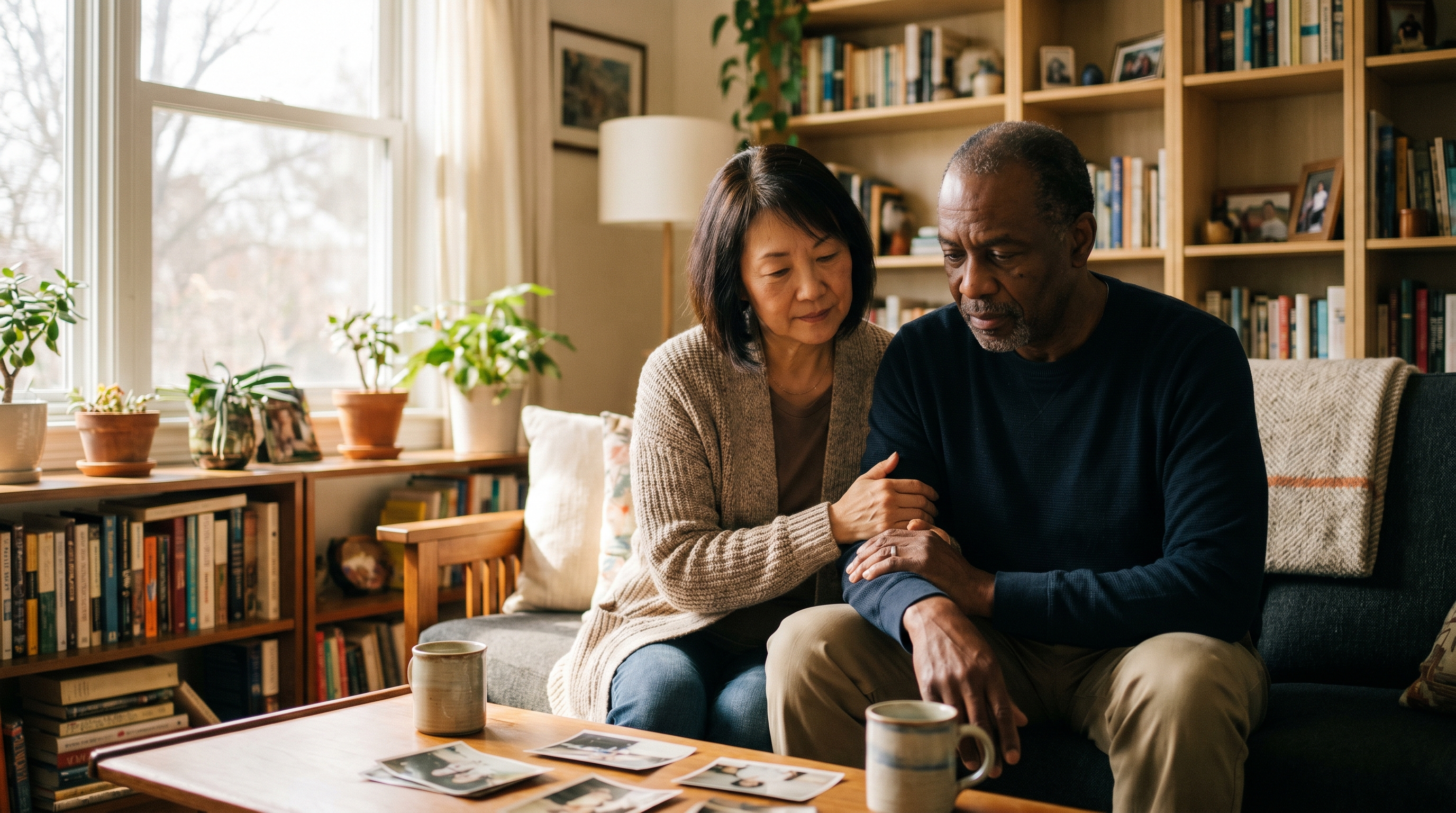 losing friends in retirement — two retirees in their 60s reconnecting over coffee at a neighborhood cafe with warm afternoon light