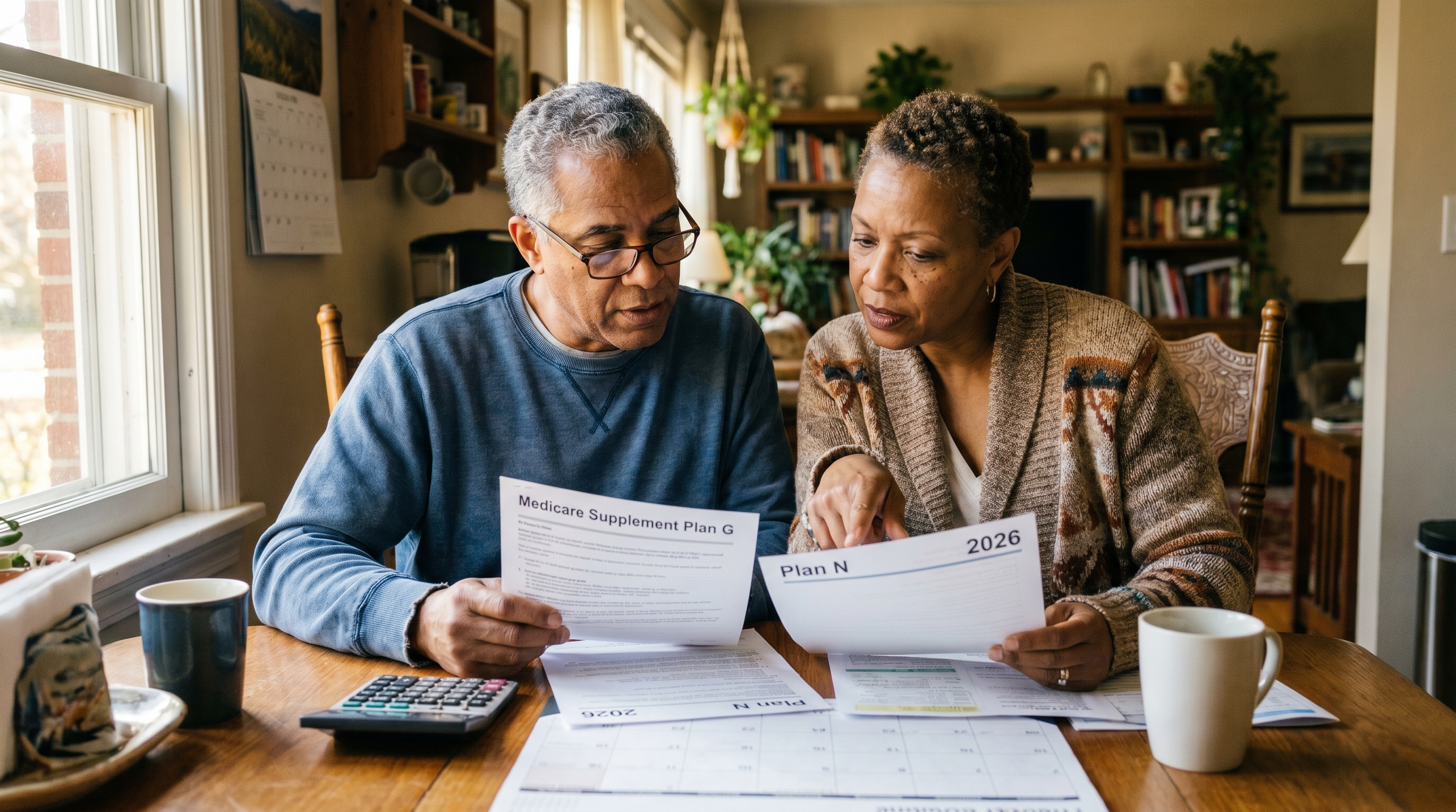 Medigap Plan G vs Plan N 2026 comparison — couple in their 60s reviewing Medicare supplement insurance options side by side at home