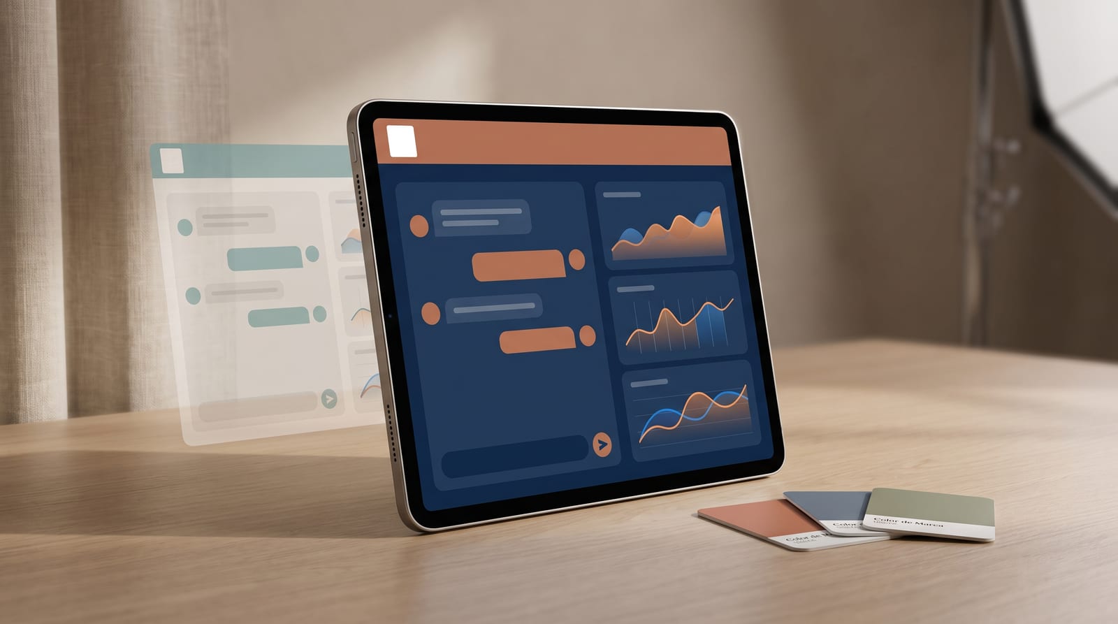 Plataforma de IA de jubilación de marca blanca — una tablet en un escritorio muestra una app de orientación para la jubilación personalizable con un espacio para el logotipo del socio, junto a muestras de color de marca.