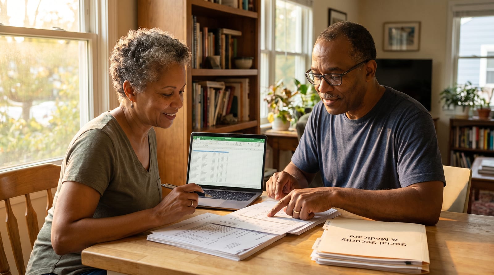 primeros 90 días de jubilación — adult in their 60s reviewing retirement financial documents at home with natural light