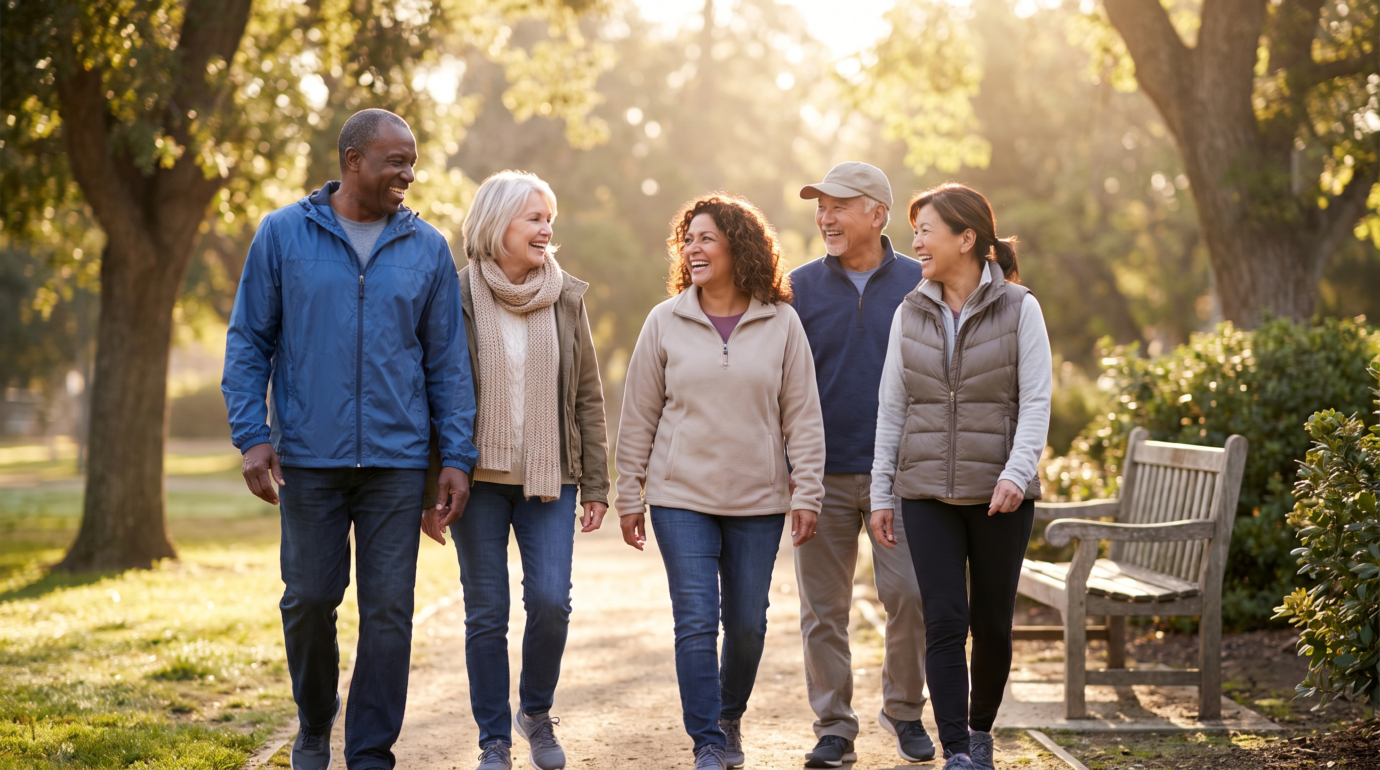 Retirement depression, warning signs and what helps — a small diverse group of adults in their 60s, men and women of different backgrounds, walking and laughing together in a sunny park, showing the connection and gentle activity that protect mood after work ends.