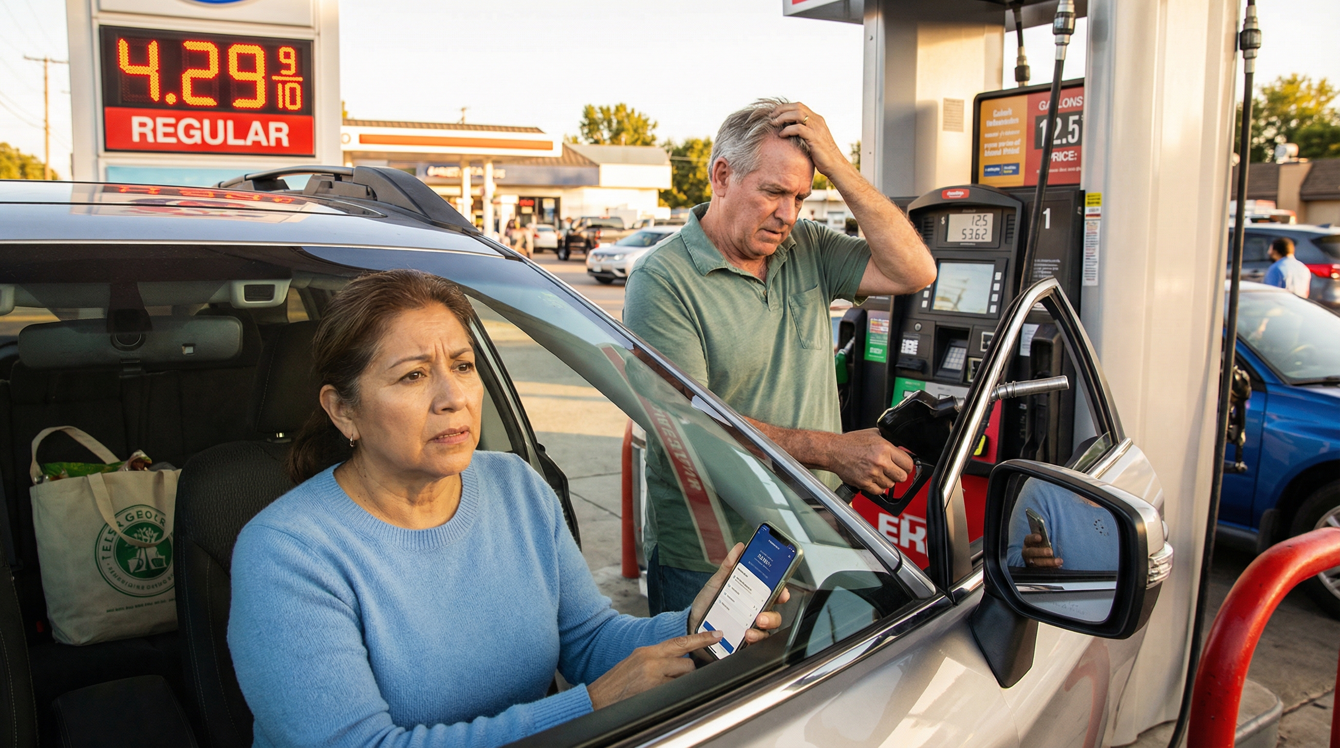 Rising gas prices retirement impact — woman sitting concerned in car at gas station while husband pumps gas looking at climbing prices