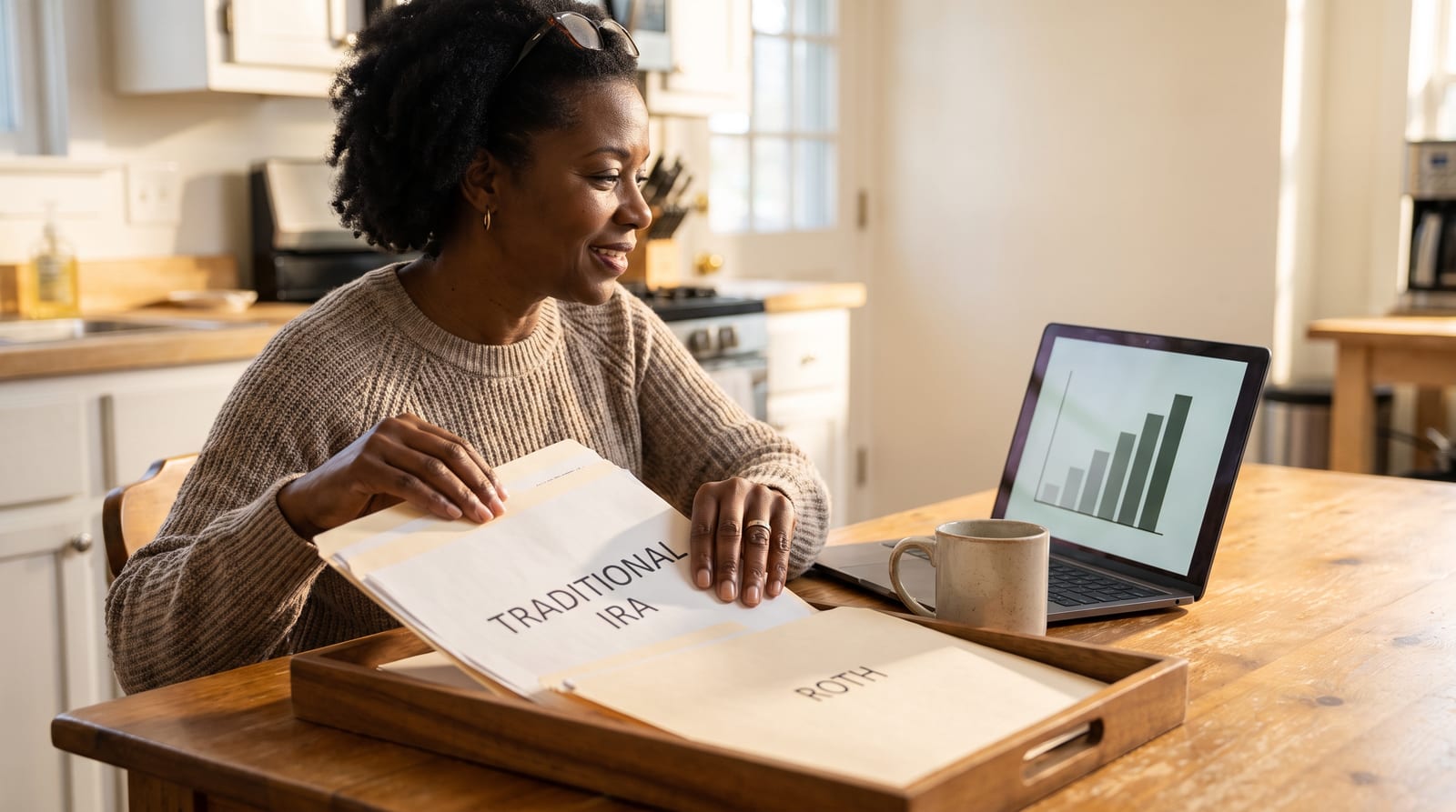 Roth conversions in your 60s — a Black woman with dark hair at her kitchen table moving an account statement from a folder marked Traditional IRA into one marked Roth, a simple tax-bracket chart on her laptop, calmly and confidently making the conversion.