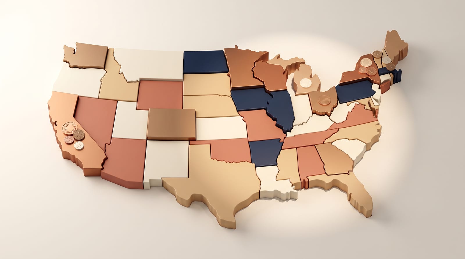 El Seguro Social en 2032 por estado — un mapa en relieve de Estados Unidos donde cada estado se eleva a una altura distinta, mostrando que el recorte proyectado afecta de forma diferente según el estado.