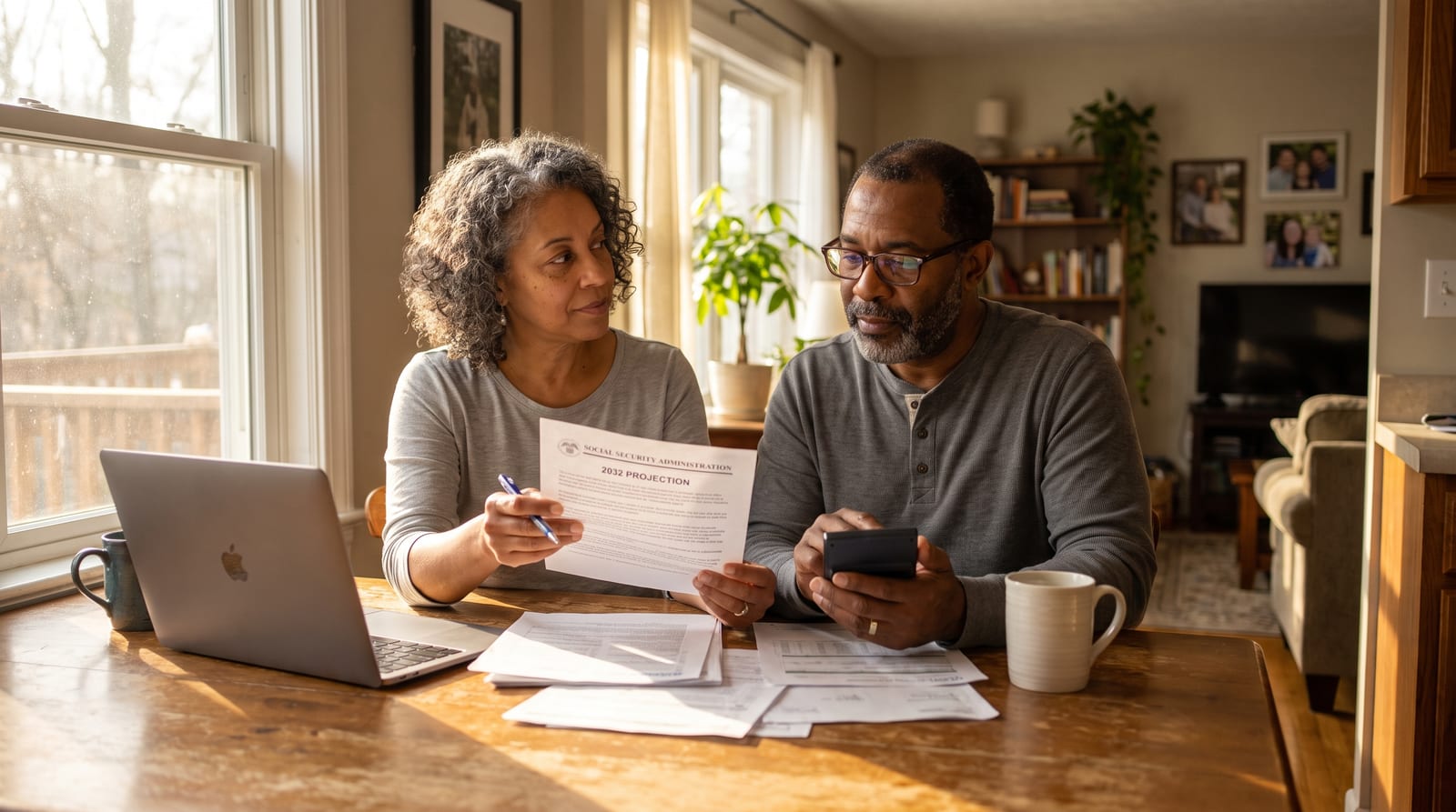 cuánto se recortará el seguro social en 2032 — adult in their 60s reviewing retirement financial documents at home with natural light
