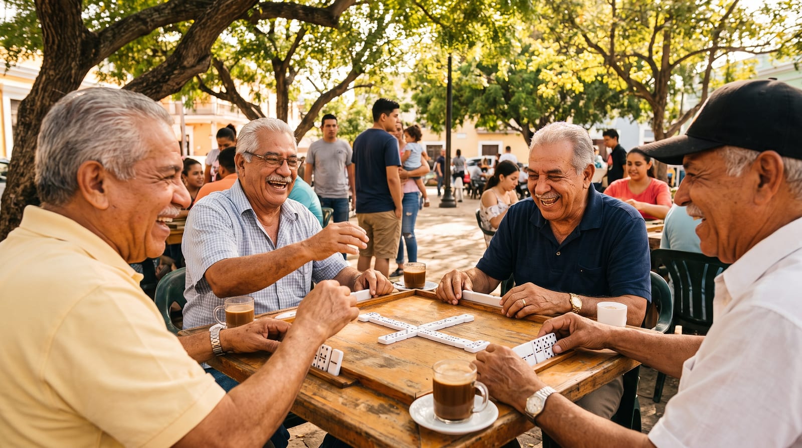Depresion en la jubilacion, senales y lo que ayuda — un grupo de hombres latinos en sus 60s jugando domino y riendo en una plaza soleada, mostrando la conexion y la rutina que protegen el animo tras dejar de trabajar.