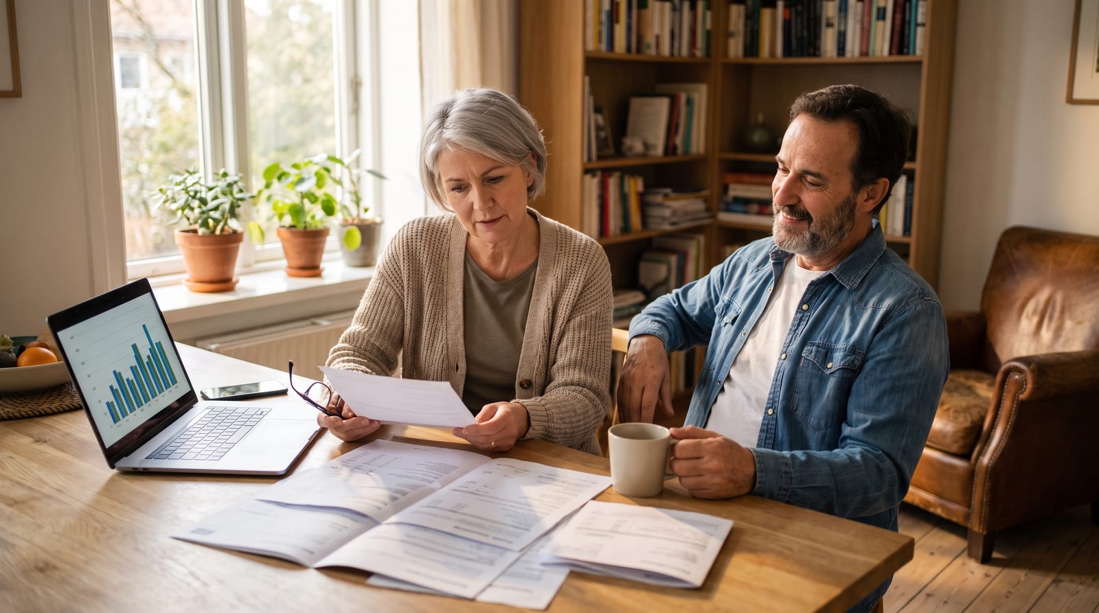 how much will social security be cut in 2032 — adult in their 60s reviewing retirement financial documents at home with natural light