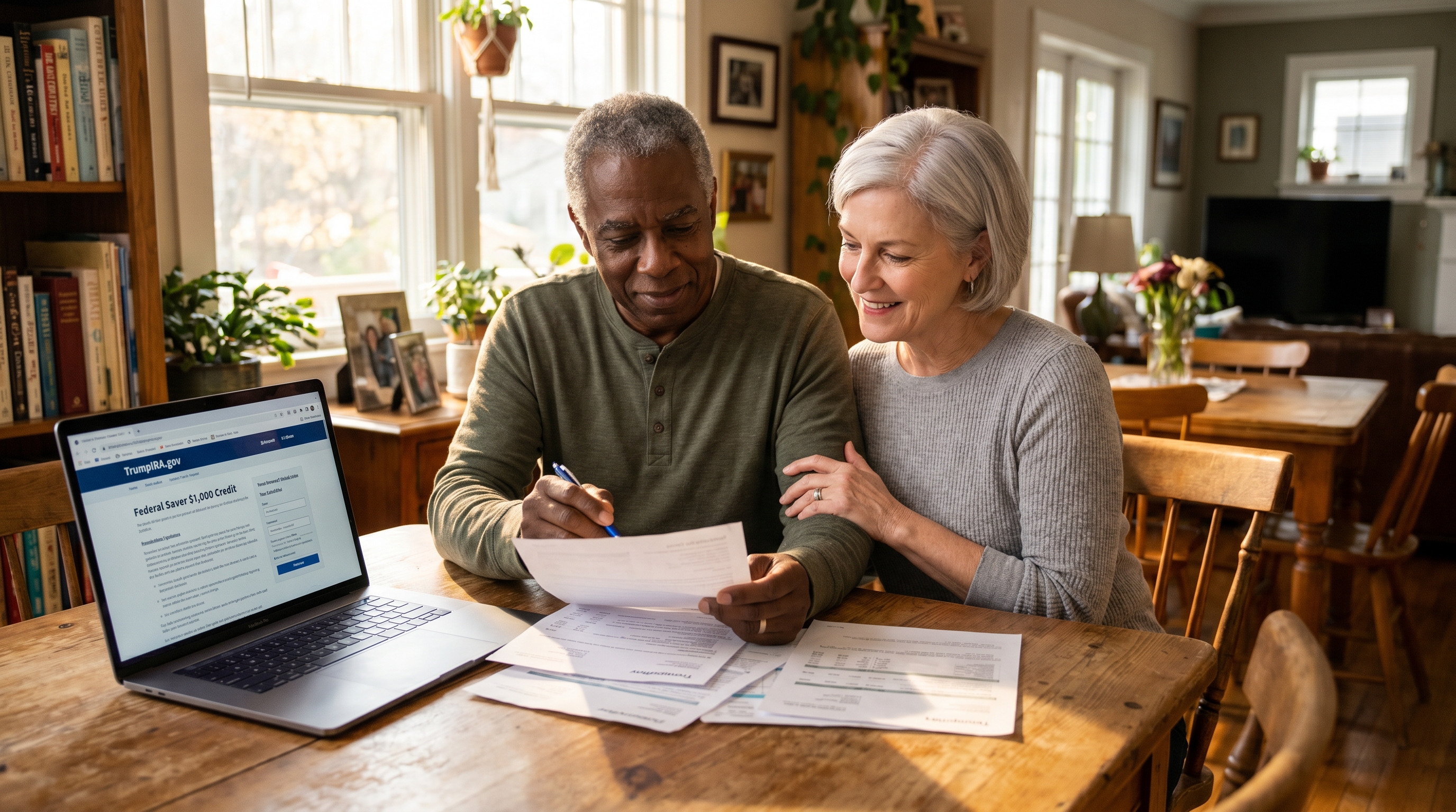 Federal Savers Match and TrumpIRA 2026 — couple in their 60s reviewing IRA enrollment paperwork together at kitchen table with warm natural light