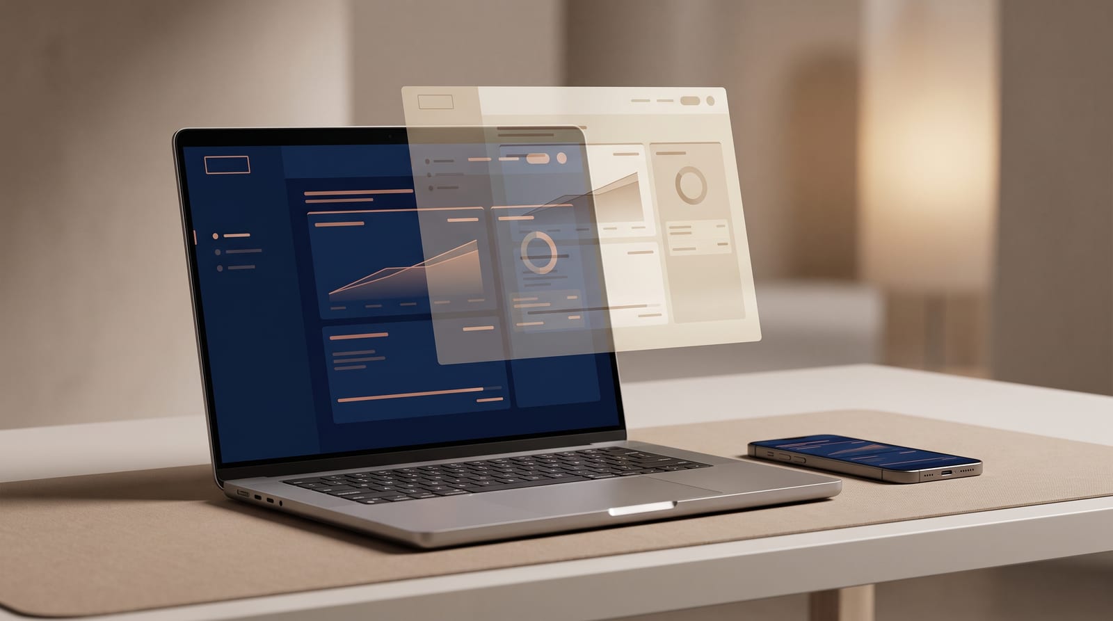 White-label AI retirement platform — a clean product concept showing a rebrandable retirement-guidance app on a laptop and phone with a blank partner logo placeholder.